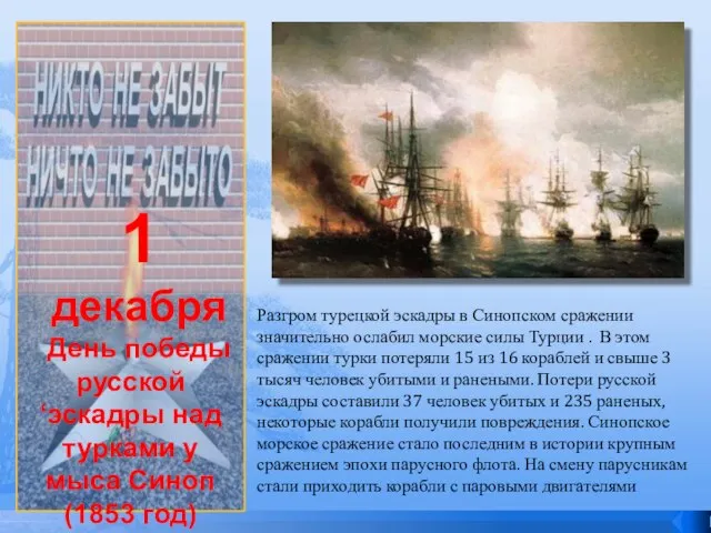 1 декабря День победы русской ‘эскадры над турками у мыса Синоп (1853