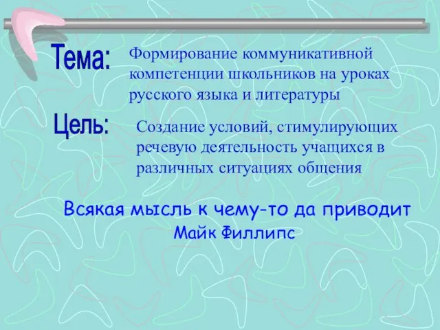 Тема: Формирование коммуникативной компетенции школьников на уроках русского языка и литературы Цель: