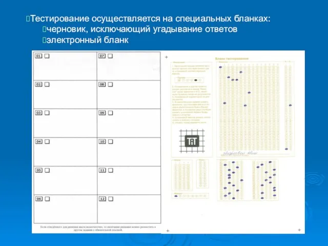 Тестирование осуществляется на специальных бланках: черновик, исключающий угадывание ответов электронный бланк