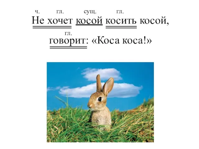 Не хочет косой косить косой, говорит: «Коса коса!» ч. гл. сущ. гл. гл.