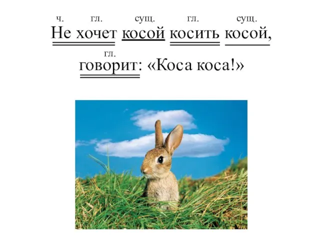 Не хочет косой косить косой, говорит: «Коса коса!» ч. гл. сущ. гл. сущ. гл.