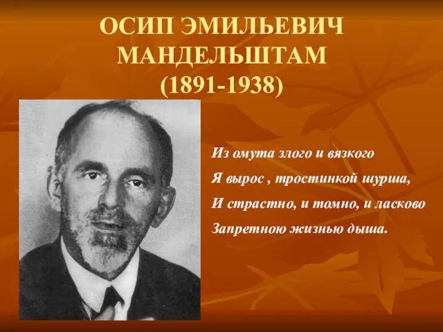 ОСИП ЭМИЛЬЕВИЧ МАНДЕЛЬШТАМ (1891-1938) Из омута злого и вязкого Я вырос ,