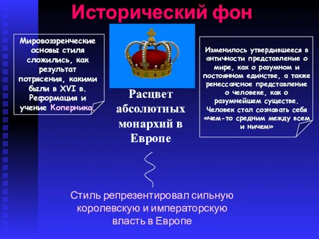 Исторический фон Расцвет абсолютных монархий в Европе Стиль репрезентировал сильную королевскую и императорскую власть в Европе