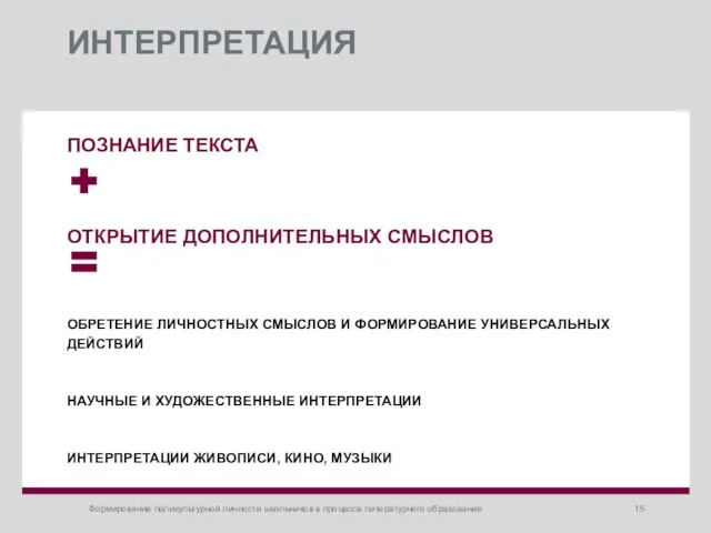 ИНТЕРПРЕТАЦИЯ ПОЗНАНИЕ ТЕКСТА ОТКРЫТИЕ ДОПОЛНИТЕЛЬНЫХ СМЫСЛОВ ОБРЕТЕНИЕ ЛИЧНОСТНЫХ СМЫСЛОВ И ФОРМИРОВАНИЕ УНИВЕРСАЛЬНЫХ