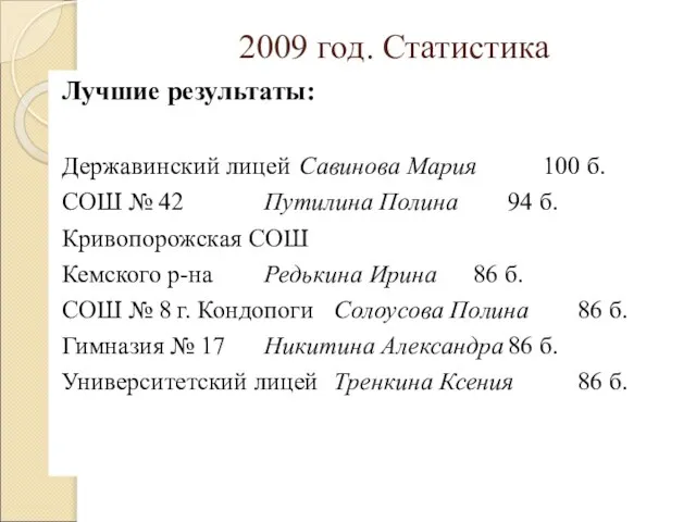 2009 год. Статистика Лучшие результаты: Державинский лицей Савинова Мария 100 б. СОШ