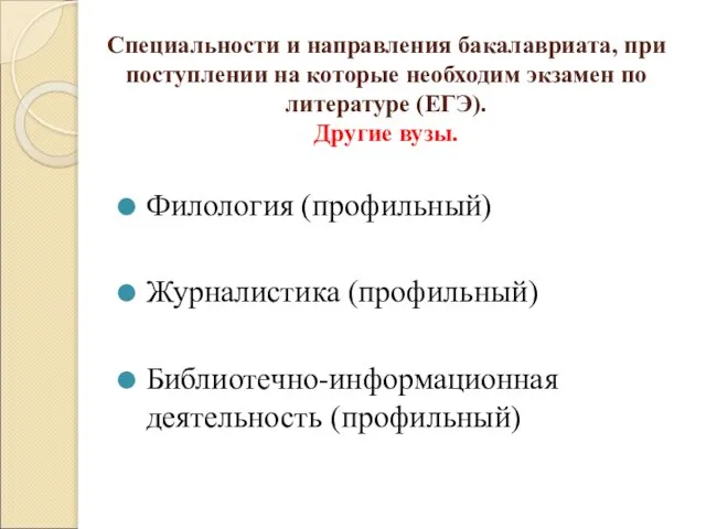 Специальности и направления бакалавриата, при поступлении на которые необходим экзамен по литературе