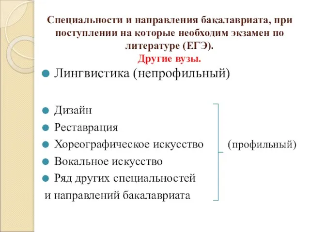 Специальности и направления бакалавриата, при поступлении на которые необходим экзамен по литературе