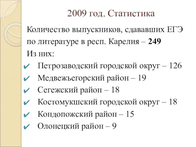 2009 год. Статистика Количество выпускников, сдававших ЕГЭ по литературе в респ. Карелия