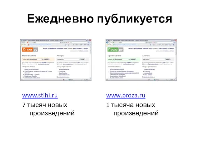 Ежедневно публикуется www.stihi.ru 7 тысяч новых произведений www.proza.ru 1 тысяча новых произведений