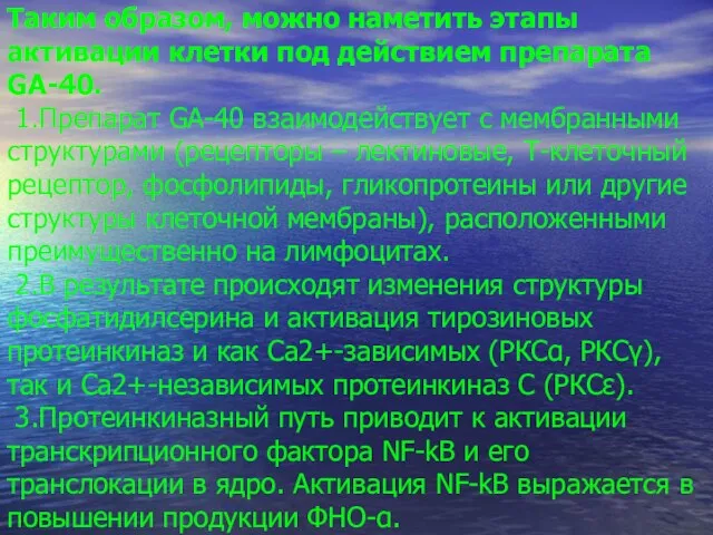 Таким образом, можно наметить этапы активации клетки под действием препарата GA-40. 1.Препарат