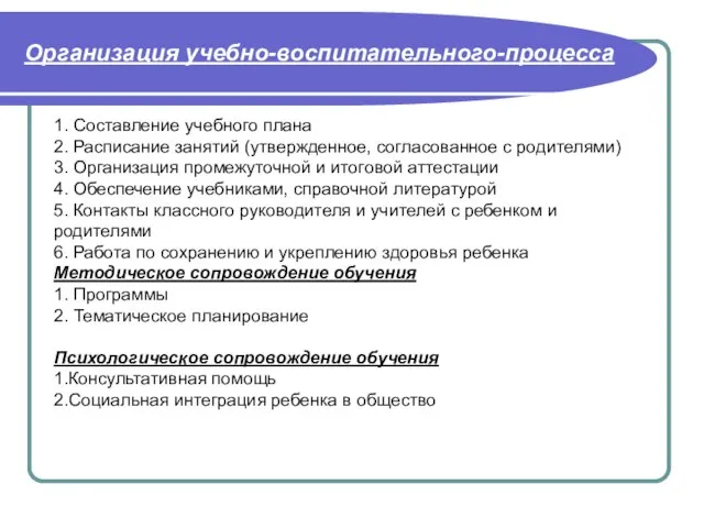 1. Составление учебного плана 2. Расписание занятий (утвержденное, согласованное с родителями) 3.