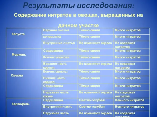 Результаты исследования: Содержание нитратов в овощах, выращенных на дачном участке