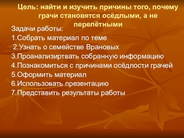 Цель: найти и изучить причины того, почему грачи становятся осёдлыми, а не