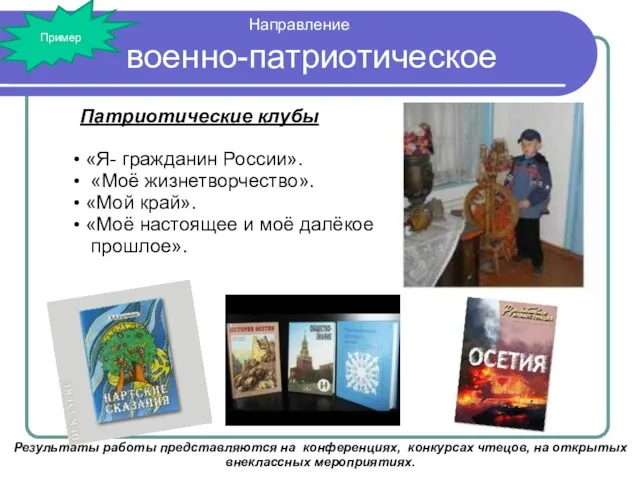 военно-патриотическое Направление Патриотические клубы «Я- гражданин России». «Моё жизнетворчество». «Мой край». «Моё