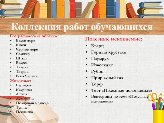 Коллекция работ обучающихся Географические объекты: Белое море Кижи Черное море Селигер Шоша