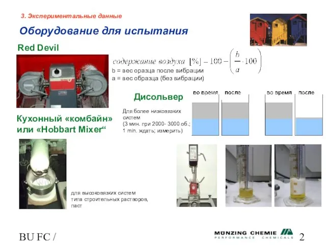 BU FC / HL 3. Экспериментальные данные Оборудование для испытания Red Devil