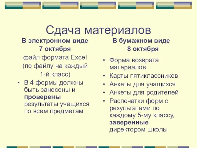 Сдача материалов В электронном виде 7 октября файл формата Excel (по файлу