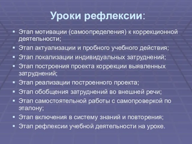 Уроки рефлексии: Этап мотивации (самоопределения) к коррекционной деятельности; Этап актуализации и пробного