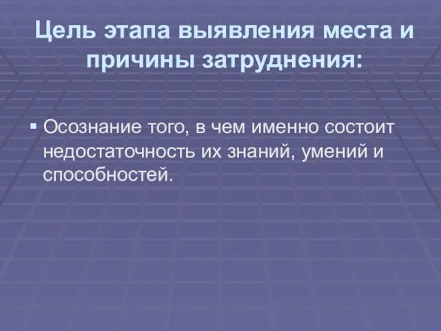 Цель этапа выявления места и причины затруднения: Осознание того, в чем именно