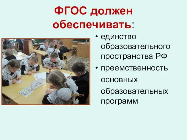 ФГОС должен обеспечивать: единство образовательного пространства РФ преемственность основных образовательных программ