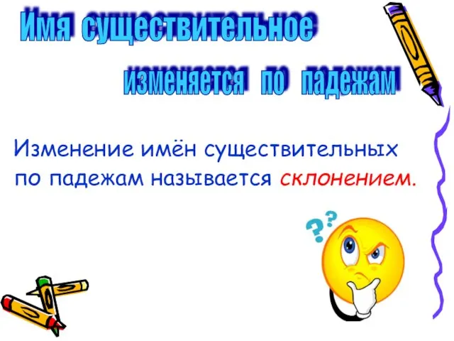 Имя существительное изменяется по падежам Изменение имён существительных по падежам называется склонением.