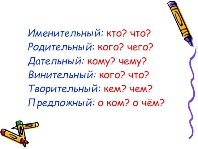 Именительный: кто? что? Родительный: кого? чего? Дательный: кому? чему? Винительный: кого? что?