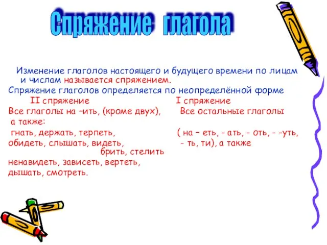 Изменение глаголов настоящего и будущего времени по лицам и числам называется спряжением.