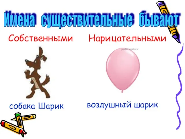 Собственными Имена существительные бывают собака Шарик Нарицательными воздушный шарик