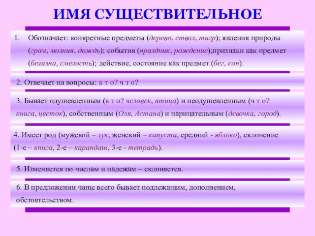 ИМЯ СУЩЕСТВИТЕЛЬНОЕ Обозначает: конкретные предметы (дерево, ствол, тигр); явления природы (гром, молния,