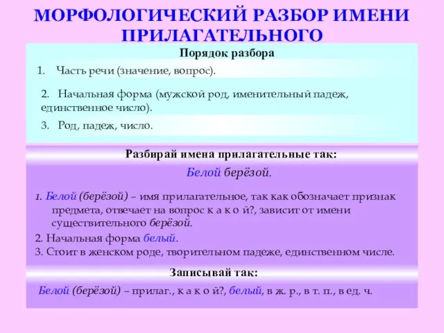 МОРФОЛОГИЧЕСКИЙ РАЗБОР ИМЕНИ ПРИЛАГАТЕЛЬНОГО 3. Род, падеж, число. Порядок разбора Часть речи