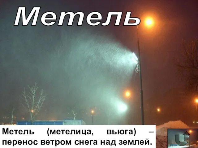 Метель Метель (метелица, вьюга) – перенос ветром снега над землей.