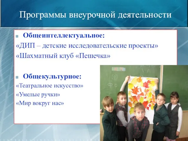 Программы внеурочной деятельности Общеинтеллектуальное: «ДИП – детские исследовательские проекты» «Шахматный клуб «Пешечка»