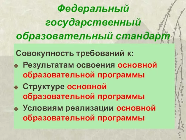 Федеральный государственный образовательный стандарт Совокупность требований к: Результатам освоения основной образовательной программы