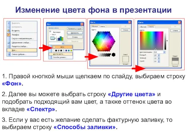 Изменение цвета фона в презентации 1. Правой кнопкой мыши щелкаем по слайду,
