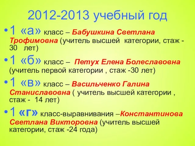 2012-2013 учебный год 1 «а» класс – Бабушкина Светлана Трофимовна (учитель высшей