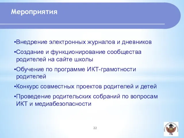 Внедрение электронных журналов и дневников Создание и функционирование сообщества родителей на сайте