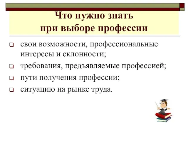 Что нужно знать при выборе профессии свои возможности, профессиональные интересы и склонности;