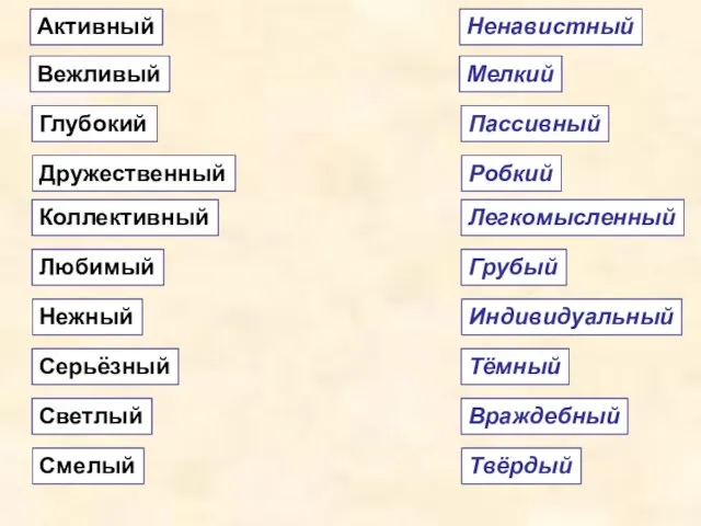 Активный Вежливый Глубокий Дружественный Коллективный Любимый Нежный Серьёзный Светлый Смелый Ненавистный Мелкий