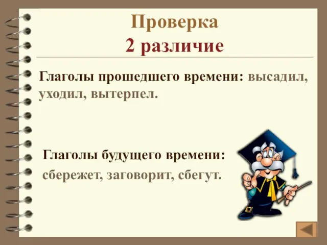 Проверка 2 различие Глаголы прошедшего времени: высадил, уходил, вытерпел. Глаголы будущего времени: сбережет, заговорит, сбегут.