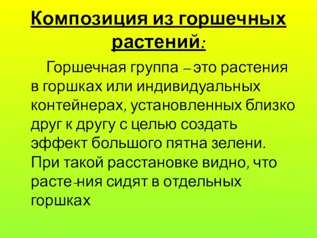 Композиция из горшечных растений: Горшечная группа – это растения в горшках или