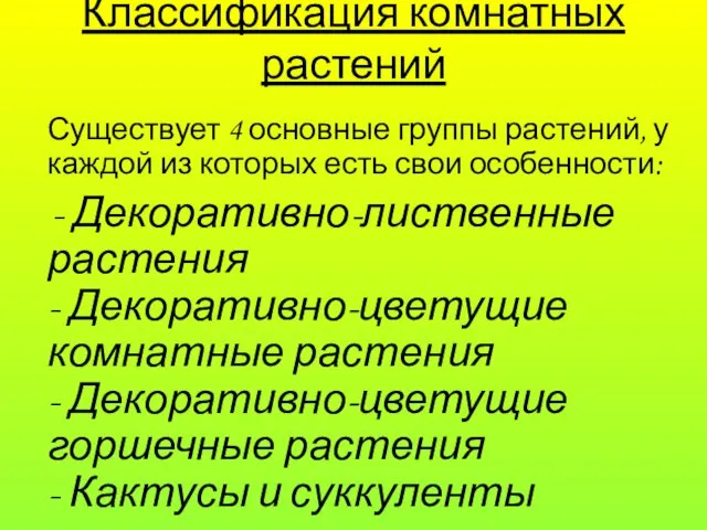 Классификация комнатных растений Существует 4 основные группы растений, у каждой из которых