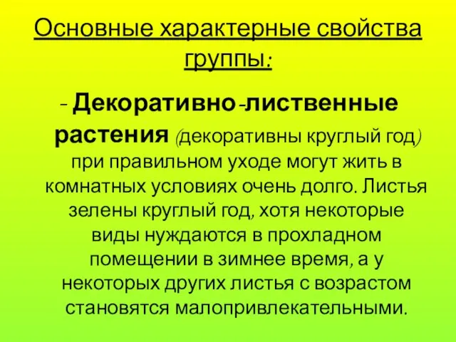 Основные характерные свойства группы: - Декоративно-лиственные растения (декоративны круглый год) при правильном