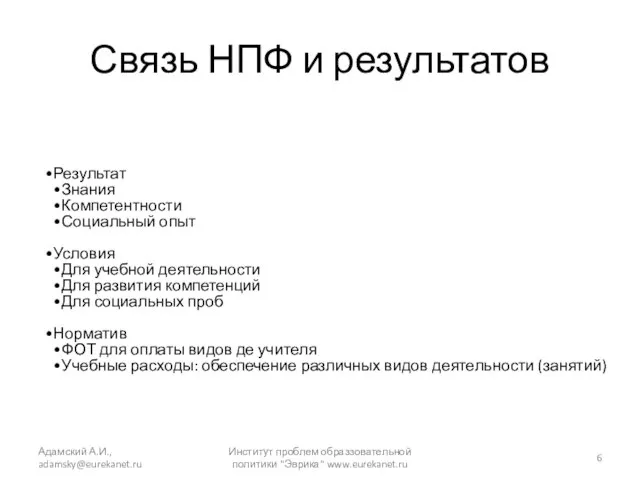 Связь НПФ и результатов Результат Знания Компетентности Социальный опыт Условия Для учебной