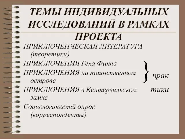 ТЕМЫ ИНДИВИДУАЛЬНЫХ ИССЛЕДОВАНИЙ В РАМКАХ ПРОЕКТА ПРИКЛЮЧЕНЧЕСКАЯ ЛИТЕРАТУРА (теоретики) ПРИКЛЮЧЕНИЯ Гека Финна