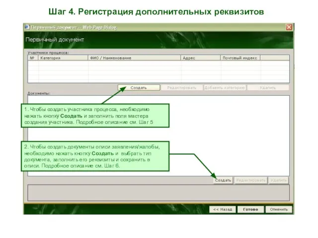 Шаг 4. Регистрация дополнительных реквизитов 1. Чтобы создать участника процесса, необходимо нажать