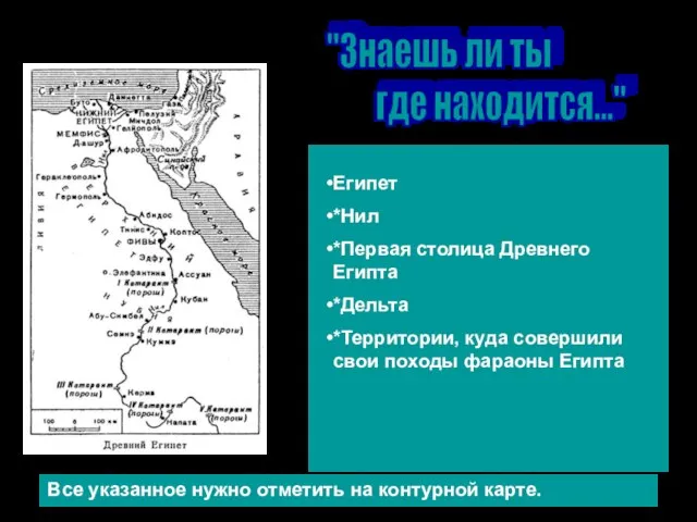 Египет *Нил *Первая столица Древнего Египта *Дельта *Территории, куда совершили свои походы