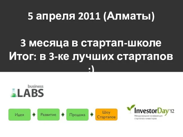 5 апреля 2011 (Алматы) 3 месяца в стартап-школе Итог: в 3-ке лучших стартапов ;)