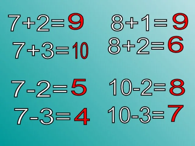 7+2= 8+1= 8+2= 10-2= 10-3= 7+3= 7-2= 7-3= 9 10 9 6 8 7 4 5