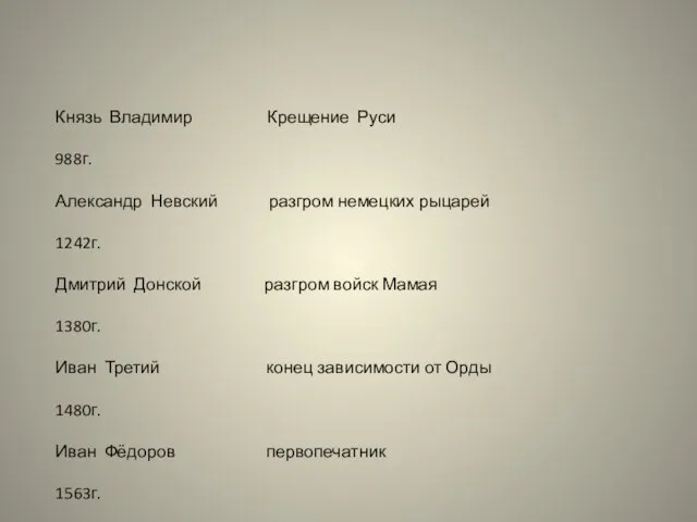 Князь Владимир Крещение Руси 988г. Александр Невский разгром немецких рыцарей 1242г. Дмитрий