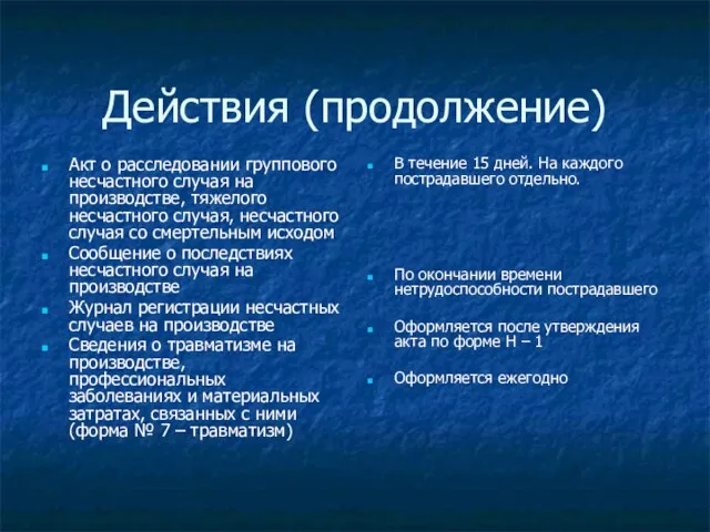 Действия (продолжение) Акт о расследовании группового несчастного случая на производстве, тяжелого несчастного